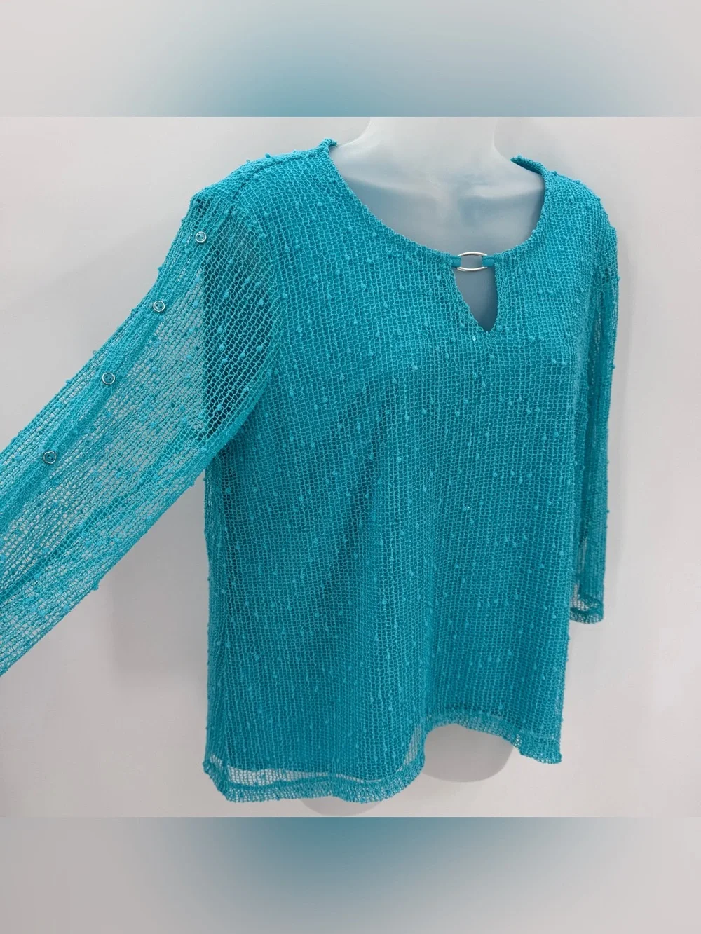Alfred Dunner Top Women’s PM PETITE MEDIUM Turquoise 3/4 Slv Sharkbite Hem - Picture 2 of 11